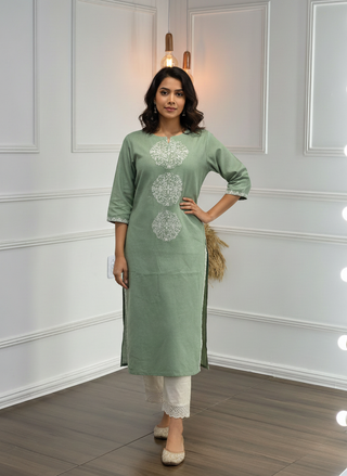 Hazel Green Pure Cotton Kurta Set with White Floral Medallion Thread Embroidery