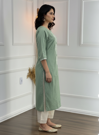 Hazel Green Pure Cotton Kurta Set with White Floral Medallion Thread Embroidery