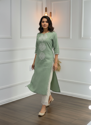 Hazel Green Pure Cotton Kurta Set with White Floral Medallion Thread Embroidery