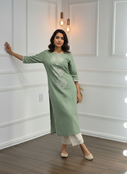 Hazel Green Pure Cotton Kurta Set with White Floral Medallion Thread Embroidery