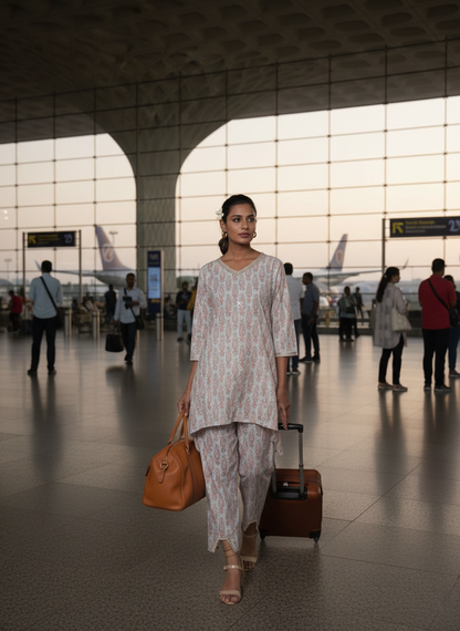 Henna Blue Cotton Schiffli Co-Ord Set with Zari Embroidered Neckline and Paisley Buti Print