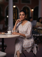 Henna Blue Cotton Schiffli Co-Ord Set with Zari Embroidered Neckline and Paisley Buti Print