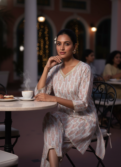 Henna Blue Cotton Schiffli Co-Ord Set with Zari Embroidered Neckline and Paisley Buti Print