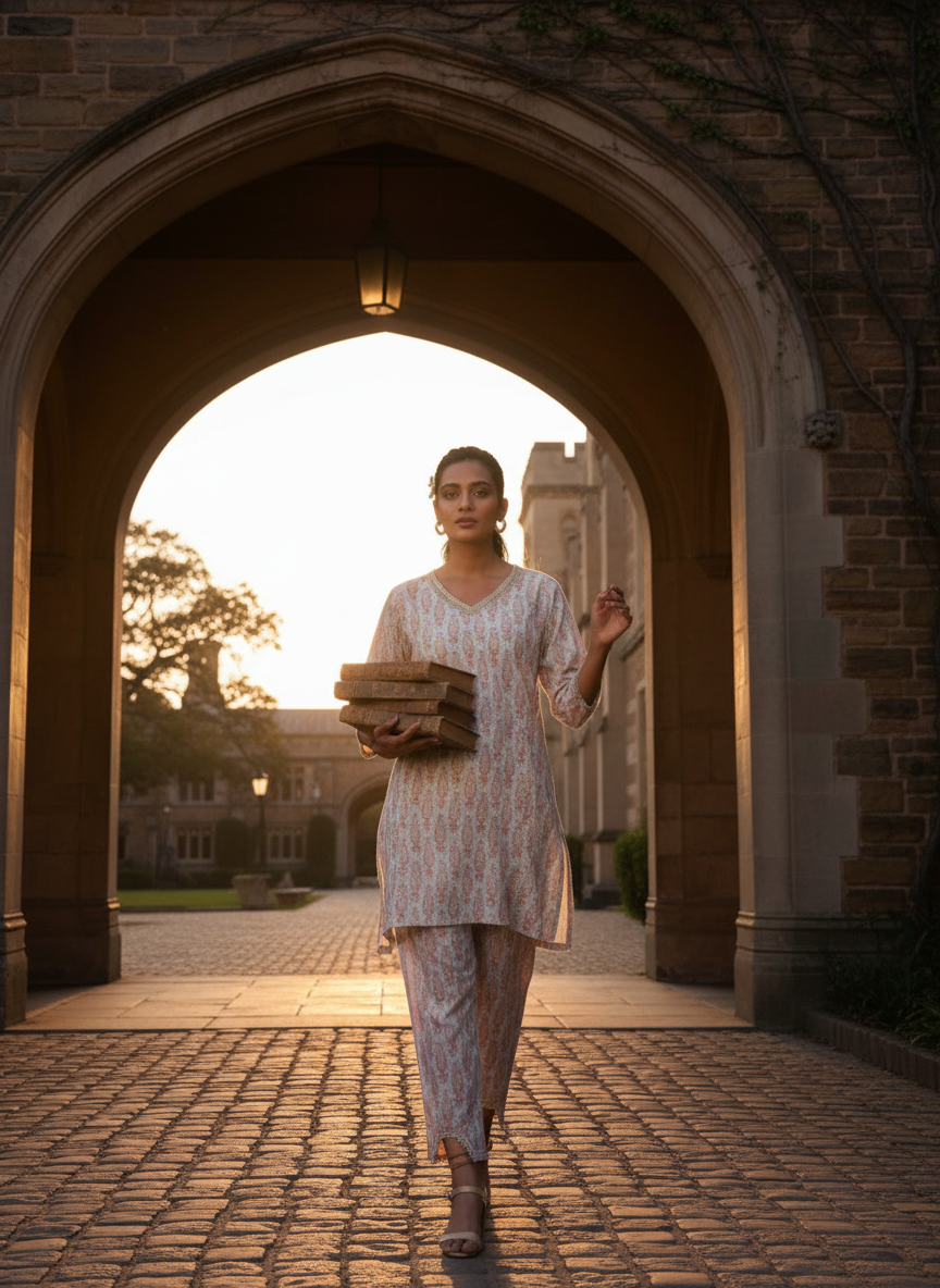 Henna Blue Cotton Schiffli Co-Ord Set with Zari Embroidered Neckline and Paisley Buti Print