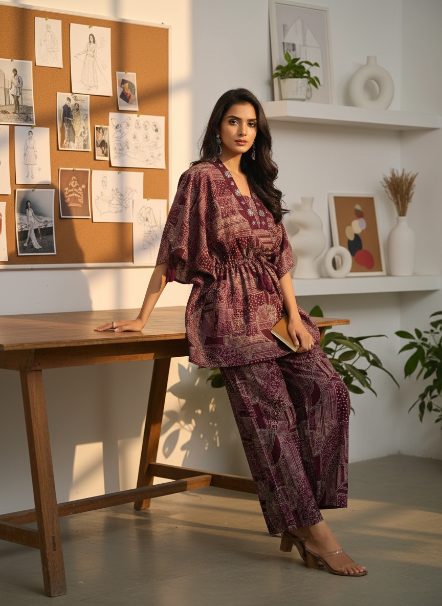 Hetal Wine Heritage Print Modal Chanderi Co-Ord Set with Bead, Patti Sequin and Crystal Appliqué Neckwork