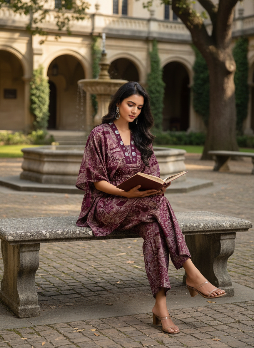 Hetal Wine Heritage Print Modal Chanderi Co-Ord Set with Bead, Patti Sequin and Crystal Appliqué Neckwork