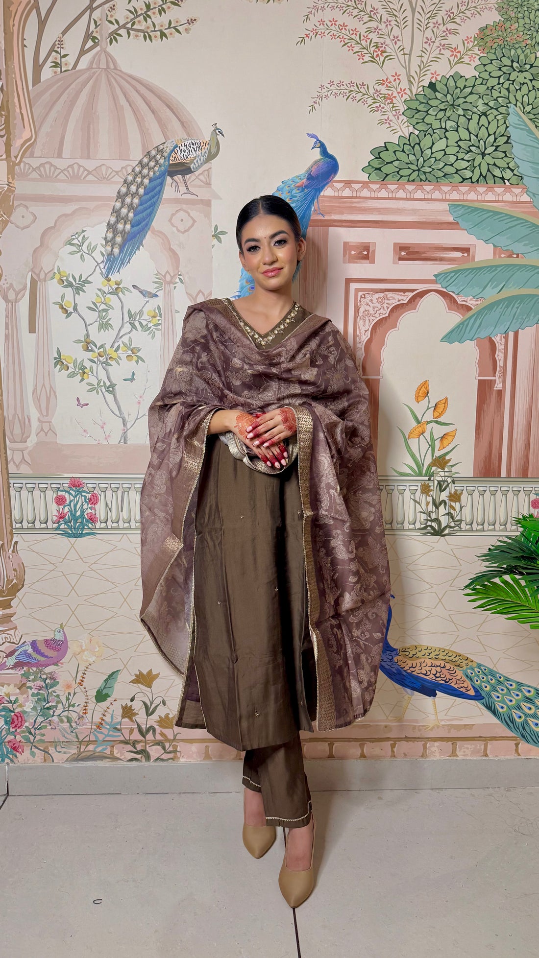 Nirjari Brown Hand-Embellished Sequin & Glass Bugle Detailed Kurta Set with Jacquard Dupatta and Delicate Motifs in Chanderi Silk with Cotton Mul Lining