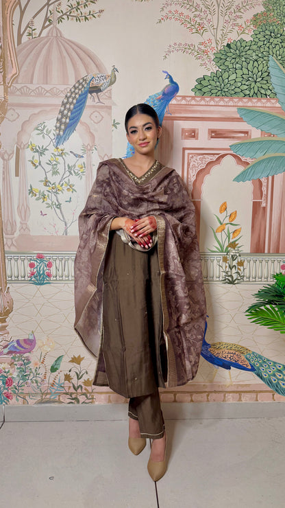 Nirjari Brown Hand-Embellished Sequin & Glass Bugle Detailed Kurta Set with Jacquard Dupatta and Delicate Motifs in Chanderi Silk with Cotton Mul Lining