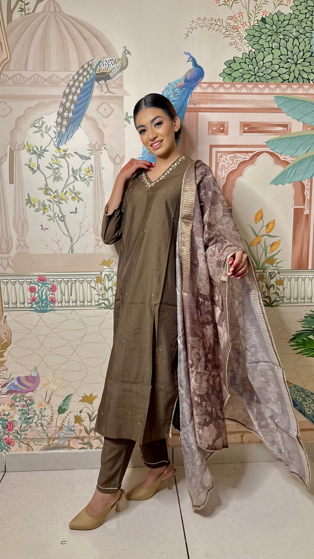 Nirjari Brown Hand-Embellished Sequin & Glass Bugle Detailed Kurta Set with Jacquard Dupatta and Delicate Motifs in Chanderi Silk with Cotton Mul Lining