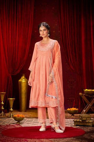 Indu Peach Handcrafted Zari Thread, Sequin & Glass Bugle Embellished Suit Set with Detailed Neckline and Dupatta in Pure Muslin with Pure Cotton Mul Lining