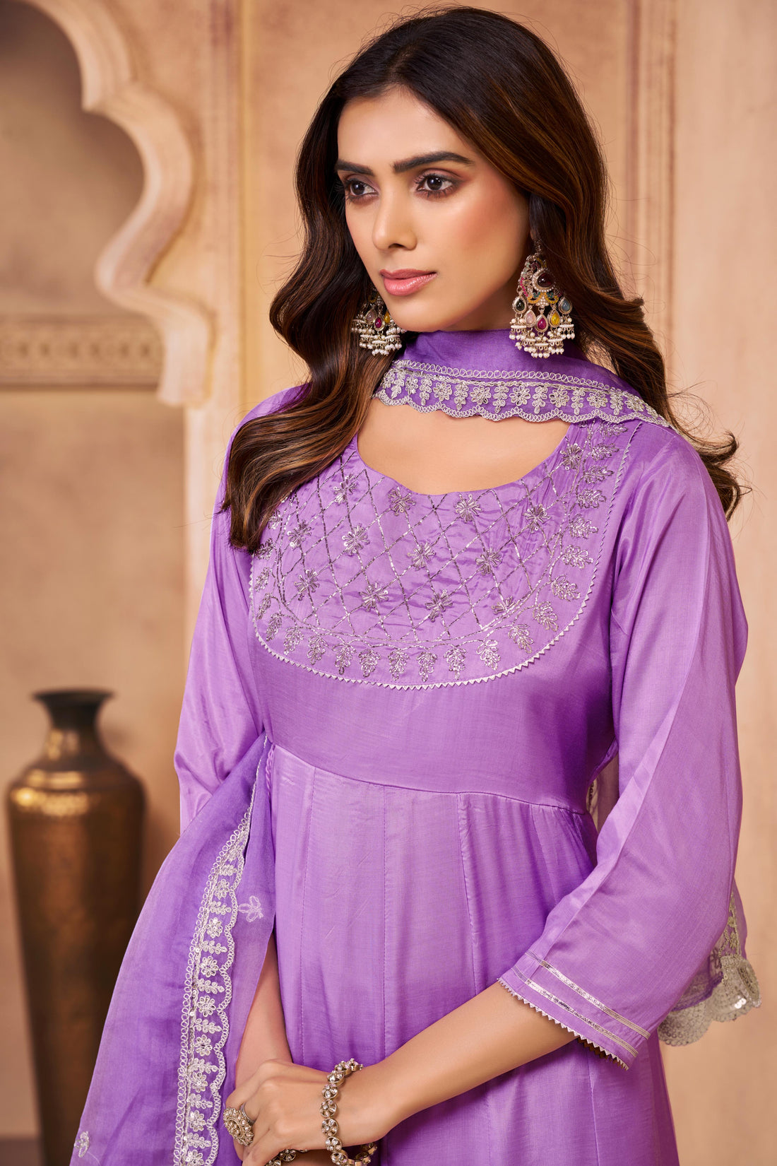 Indu Purple Handcrafted Zari Thread, Sequin & Glass Bugle Embellished Suit Set with Detailed Neckline and Dupatta in Pure Muslin with Pure Cotton Mul Lining