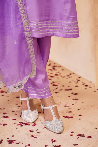 Indu Purple Handcrafted Zari Thread, Sequin & Glass Bugle Embellished Suit Set with Detailed Neckline and Dupatta in Pure Muslin with Pure Cotton Mul Lining