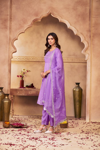Indu Purple Handcrafted Zari Thread, Sequin & Glass Bugle Embellished Suit Set with Detailed Neckline and Dupatta in Pure Muslin with Pure Cotton Mul Lining