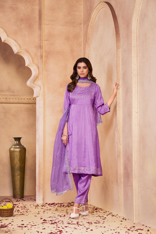 Indu Purple Handcrafted Zari Thread, Sequin & Glass Bugle Embellished Suit Set with Detailed Neckline and Dupatta in Pure Muslin with Pure Cotton Mul Lining