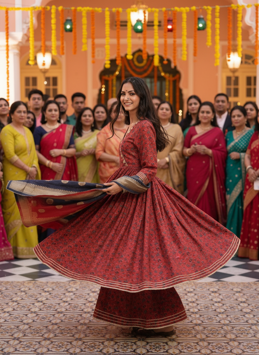 Inayat Red Ajrakh Print Hand-Embellished Glass Bugle & Gota Patti Work Suit Set with Jacquard Dupatta in Chanderi Silk