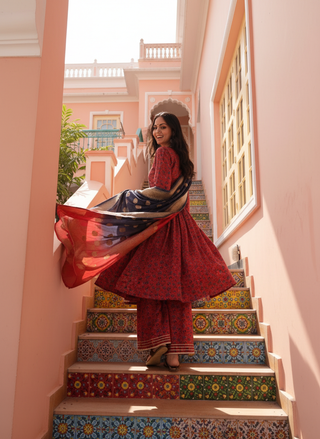 Inayat Red Ajrakh Print Hand-Embellished Glass Bugle & Gota Patti Work Suit Set with Jacquard Dupatta in Chanderi Silk