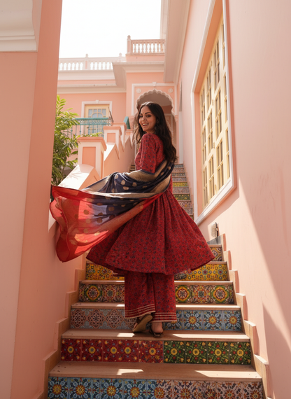 Inayat Red Ajrakh Print Hand-Embellished Glass Bugle & Gota Patti Work Suit Set with Jacquard Dupatta in Chanderi Silk