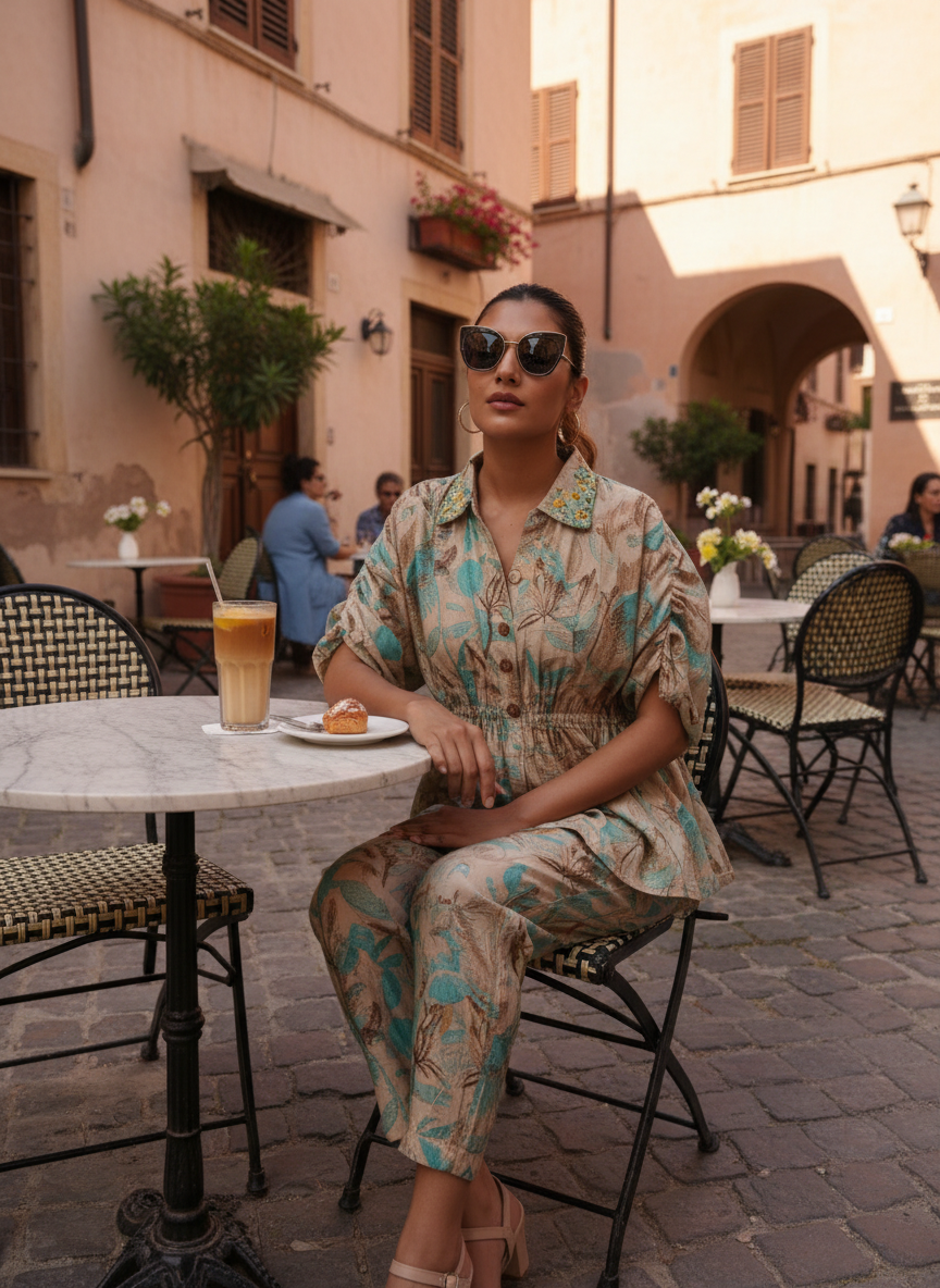 Ishika Blue Printed Modal Chanderi Co-Ord Set with Artisanal Bugle Bead Collar and Drawstring Tassel Sleeves