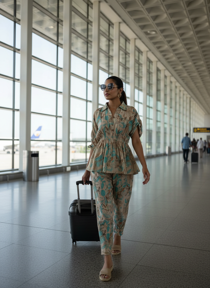 Ishika Blue Printed Modal Chanderi Co-Ord Set with Artisanal Bugle Bead Collar and Drawstring Tassel Sleeves