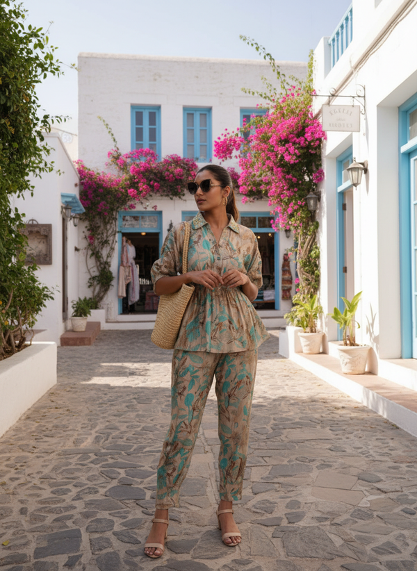 Ishika Blue Printed Modal Chanderi Co-Ord Set with Artisanal Bugle Bead Collar and Drawstring Tassel Sleeves