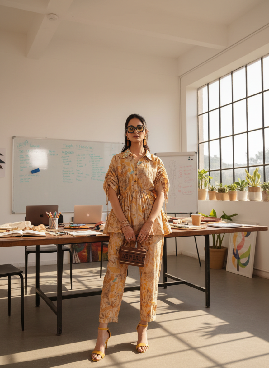 Ishika Yellow Printed Modal Chanderi Co-Ord Set with Artisanal Bugle Bead Collar and Drawstring Tassel Sleeves