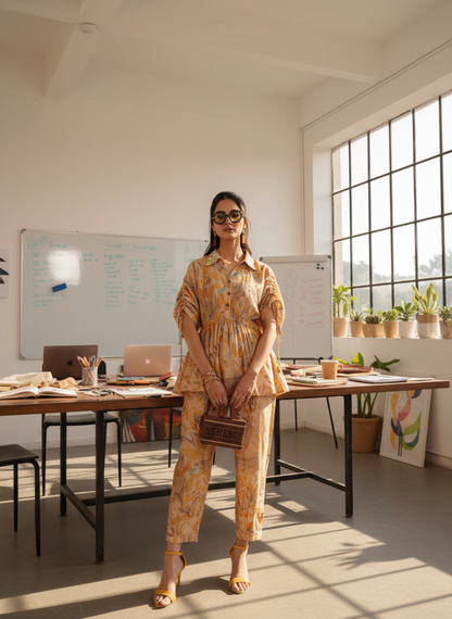 Ishika Yellow Printed Modal Chanderi Co-Ord Set with Artisanal Bugle Bead Collar and Drawstring Tassel Sleeves