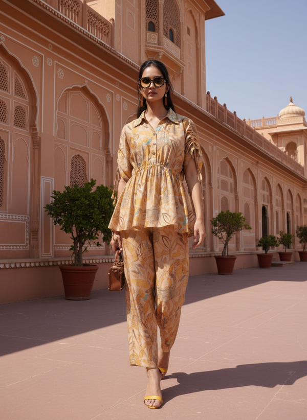 Ishika Yellow Printed Modal Chanderi Co-Ord Set with Artisanal Bugle Bead Collar and Drawstring Tassel Sleeves