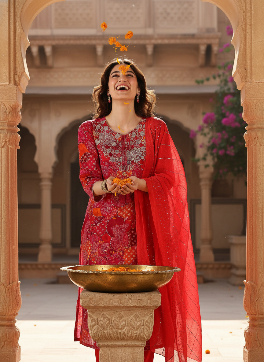 Kamolika Printed Fuschia Salwar Suit with Hand Zari Thread Embroidered Neckline in Viscose