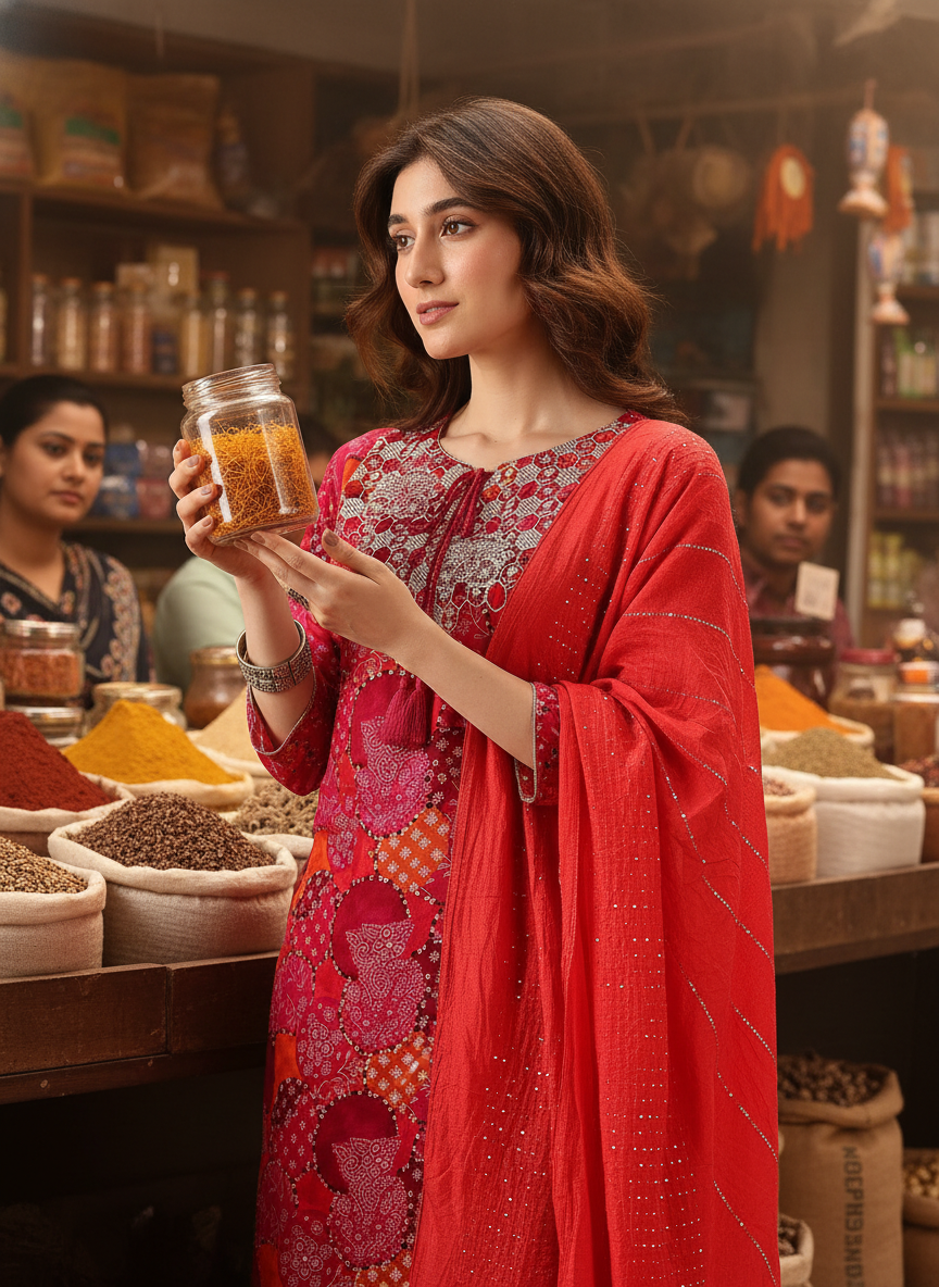 Kamolika Printed Fuschia Salwar Suit with Hand Zari Thread Embroidered Neckline in Viscose