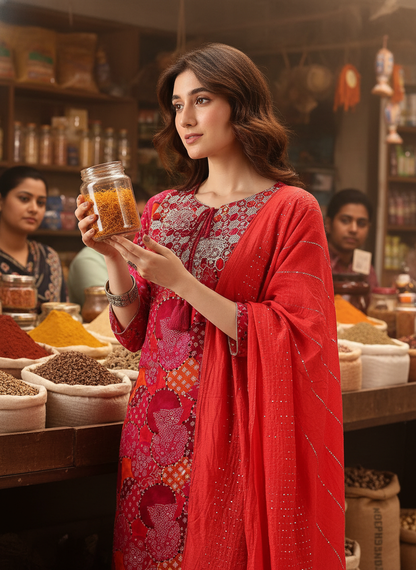 Kamolika Printed Fuschia Salwar Suit with Hand Zari Thread Embroidered Neckline in Viscose