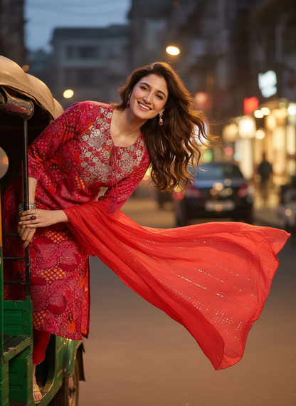 Kamolika Printed Fuschia Salwar Suit with Hand Zari Thread Embroidered Neckline in Viscose