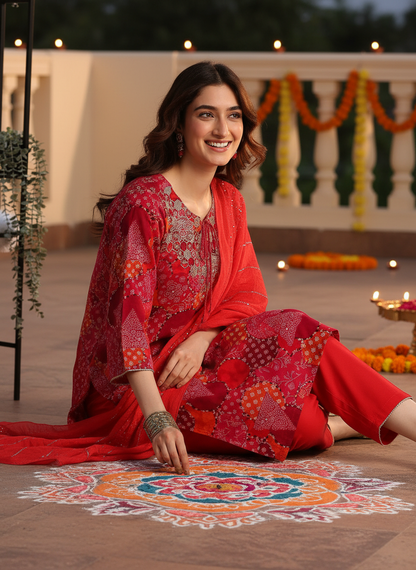 Kamolika Printed Fuschia Salwar Suit with Hand Zari Thread Embroidered Neckline in Viscose