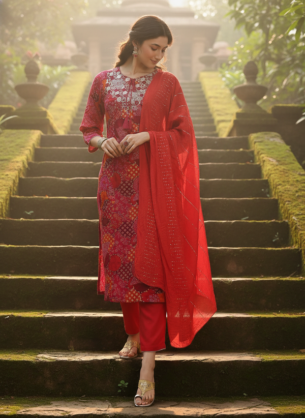 Kamolika Printed Fuschia Salwar Suit with Hand Zari Thread Embroidered Neckline in Viscose