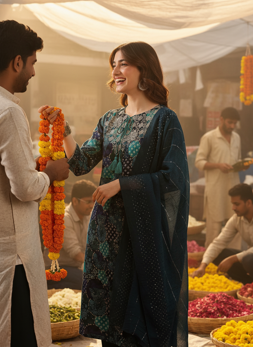 Kamolika Printed Aqua Salwar Suit with Hand Zari Thread Embroidered Neckline in Viscose