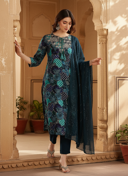 Kamolika Printed Aqua Salwar Suit with Hand Zari Thread Embroidered Neckline in Viscose