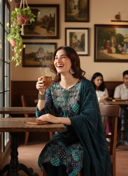 Kamolika Printed Aqua Salwar Suit with Hand Zari Thread Embroidered Neckline in Viscose