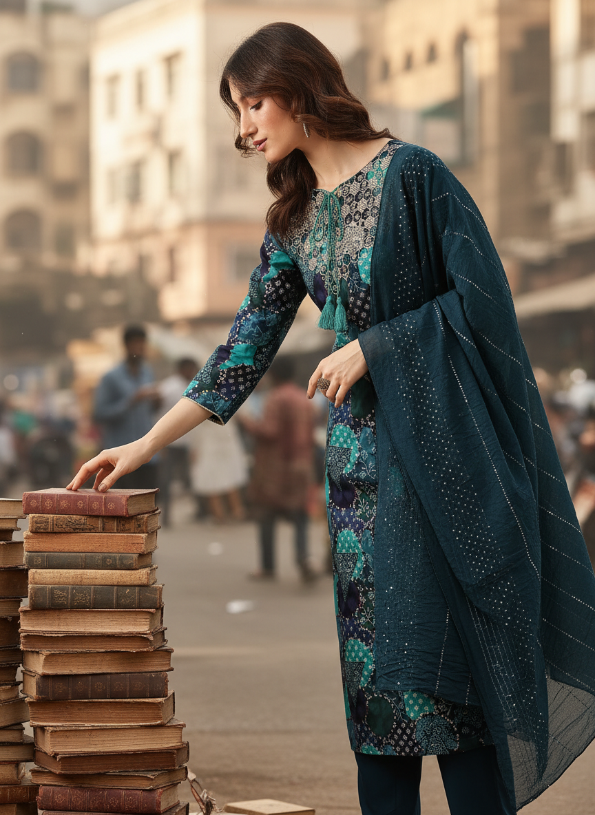 Kamolika Printed Aqua Salwar Suit with Hand Zari Thread Embroidered Neckline in Viscose