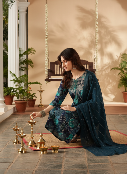 Kamolika Printed Aqua Salwar Suit with Hand Zari Thread Embroidered Neckline in Viscose
