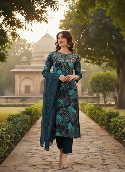 Kamolika Printed Aqua Salwar Suit with Hand Zari Thread Embroidered Neckline in Viscose