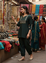 Dark Green Solid Chanderi Silk Kurta Set with Zari Thread Embroidered Yoke and Coin Embellishment Detailing