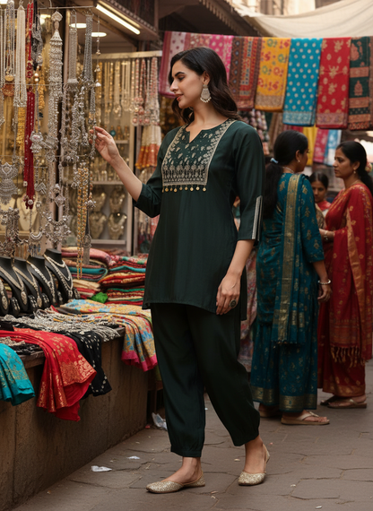 Dark Green Solid Chanderi Silk Kurta Set with Zari Thread Embroidered Yoke and Coin Embellishment Detailing