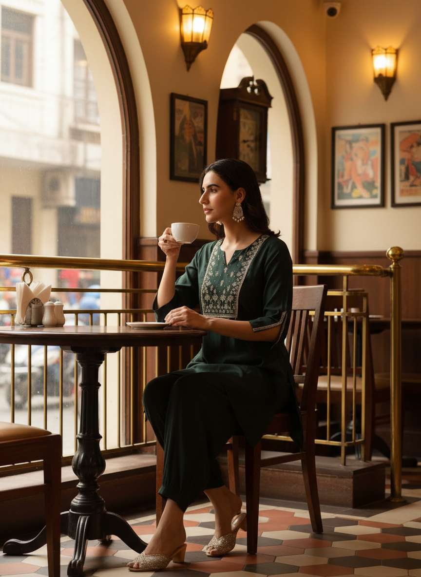 Dark Green Solid Chanderi Silk Kurta Set with Zari Thread Embroidered Yoke and Coin Embellishment Detailing