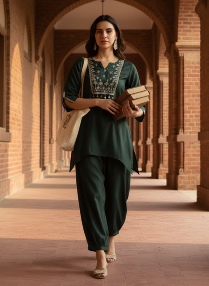 Dark Green Solid Chanderi Silk Kurta Set with Zari Thread Embroidered Yoke and Coin Embellishment Detailing