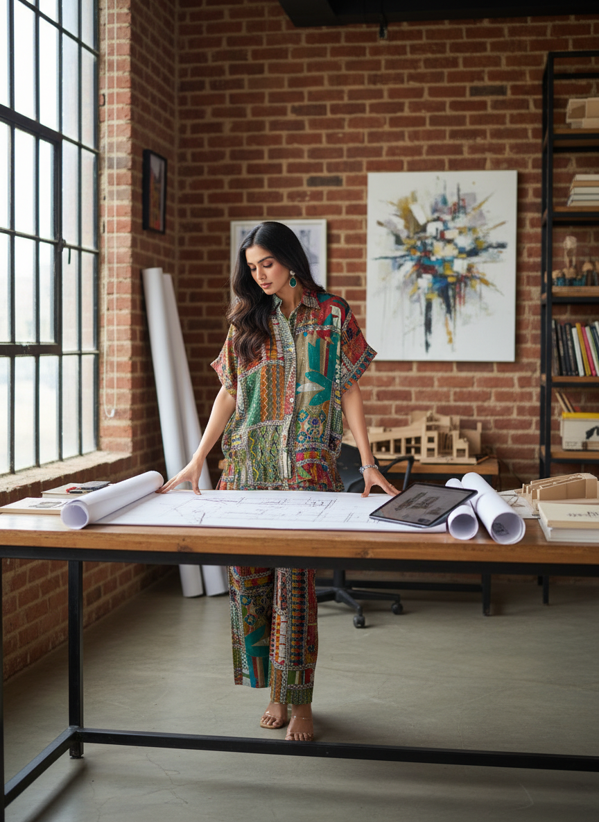 Kate Beige Modal Chanderi Patchwork Print Co-Ord Set with Sequin and Glass Bugle Bead Embellished Collar