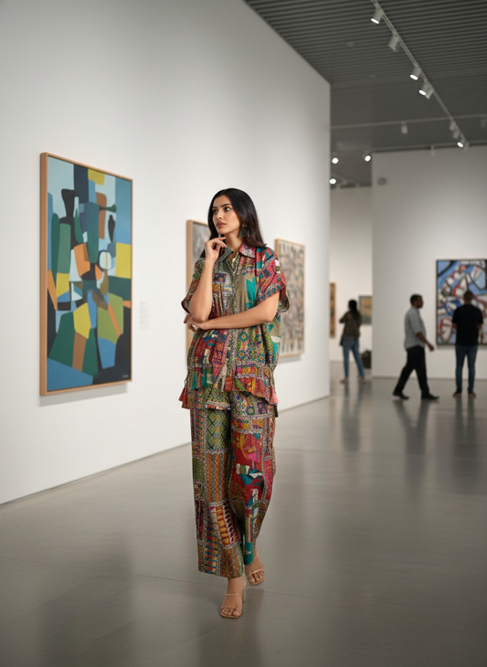 Kate Beige Modal Chanderi Patchwork Print Co-Ord Set with Sequin and Glass Bugle Bead Embellished Collar