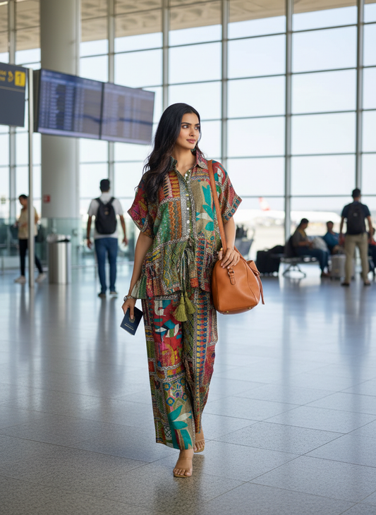 Kate Beige Modal Chanderi Patchwork Print Co-Ord Set with Sequin and Glass Bugle Bead Embellished Collar