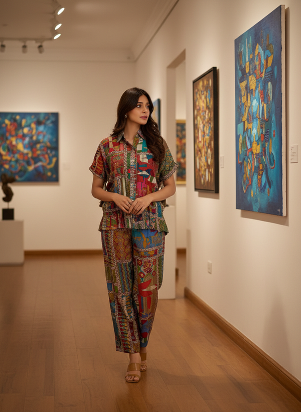 Kate Brown Modal Chanderi Patchwork Print Co-Ord Set with Sequin and Glass Bugle Bead Embellished Collar