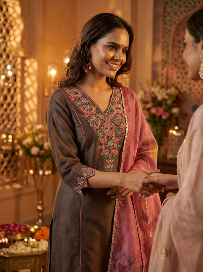 Kayra Brown Hand Bead-Finished Embroidered A-Line Suit Set in Chinnon Silk with Pure Cotton Mul Lining