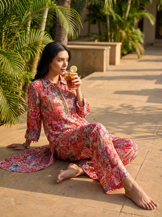 Kira Orange Abstract Printed Viscose Co-Ord Set with Shisha Embroidered Placket and Coin-Pearl Detailing