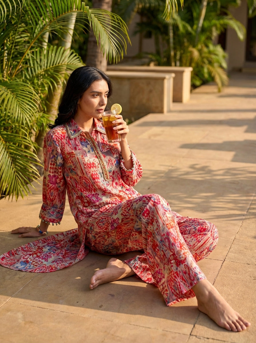 Kira Orange Abstract Printed Viscose Co-Ord Set with Shisha Embroidered Placket and Coin-Pearl Detailing